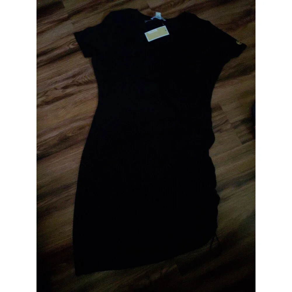 Michael Kors Black Knit T-Shirt Bodycon Dress Ruched Short Sleeve Crew Neck XL